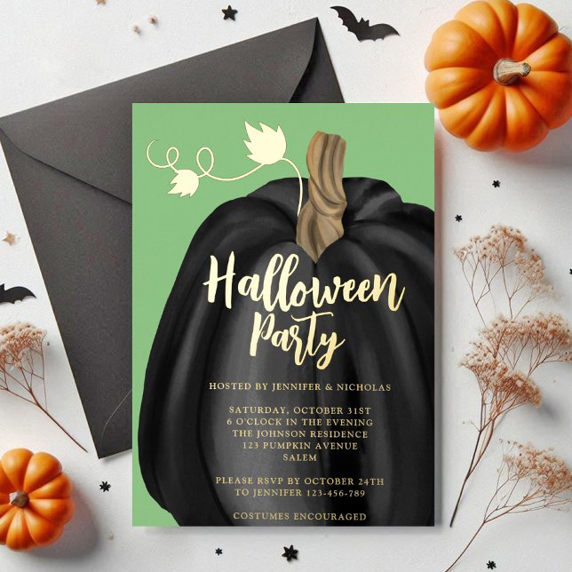 Elegant Black Pumpkin Halloween Foil Invitation (Cute Green Gold Pumpkin Halloween Party Foil Invitation)