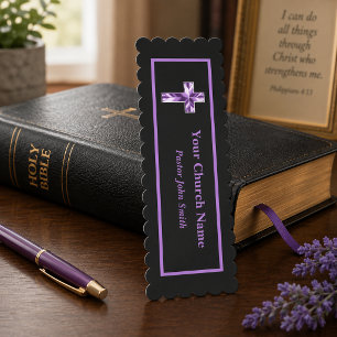 Elegant Black Purple Cross Church Name Bookmarks