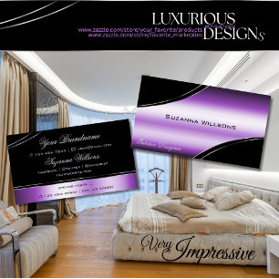 Elegant Black Purple Curved Decor Lines Shimmering Business Card