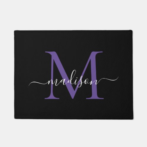 Elegant Black Purple Custom Monogram Script Name Doormat