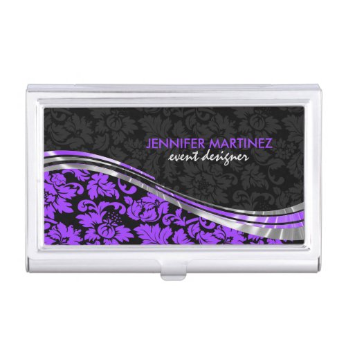 Elegant Black  Purple Damasks With Silver Accents Business Card Case