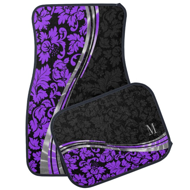 Elegant Black & Purple Damasks With Silver Accents Car Mat (Set)