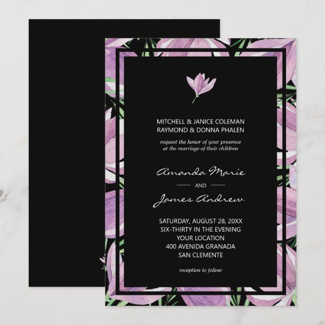 Elegant Black Purple Floral Wedding Invitation (Front/Back)