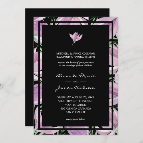 Elegant Black Purple Floral Wedding Invitation