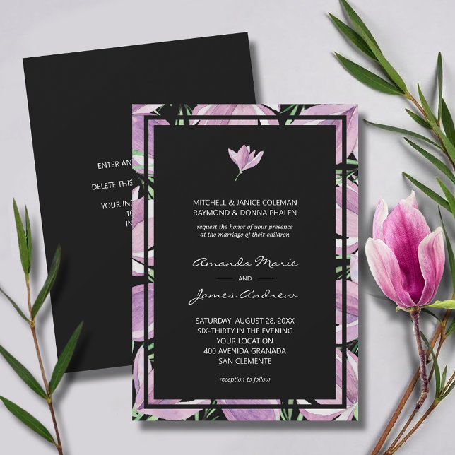 Elegant Black Purple Floral Wedding Invitation (Elegant purple ad white magnolias on black wedding invitations, area on the back for more details)