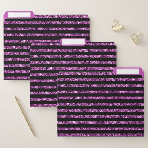 Elegant Black Purple Gems Sparkle Glam Stripe File Folder