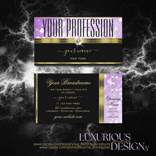 Elegant Black Purple Glitter Diamonds Gold Boder Business Card