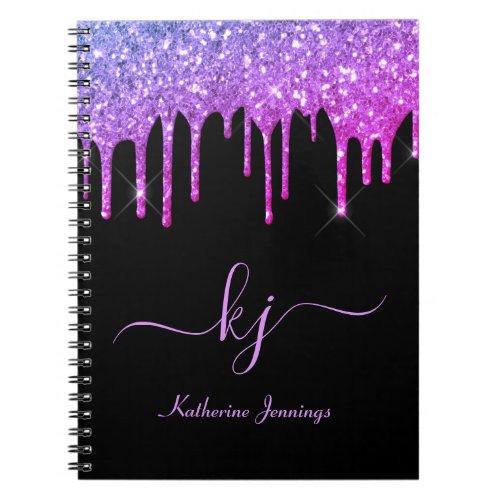 Elegant Black Purple Glitter Drips Monogram Script Notebook
