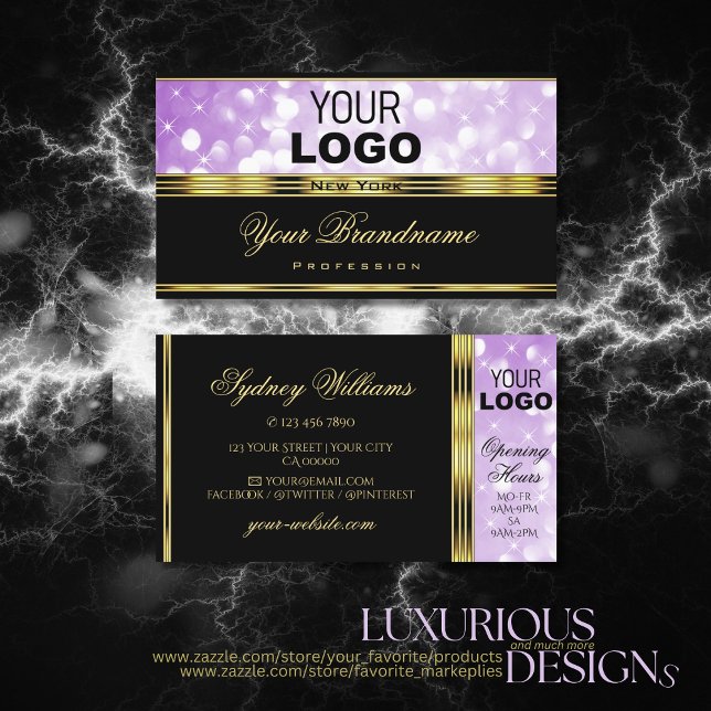 Elegant Black Purple Glitter Gold Boder add Logo Business Card (Creator Uploaded)