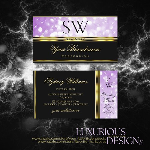 Elegant Black Purple Glitter Gold Boder Monogram  Business Card