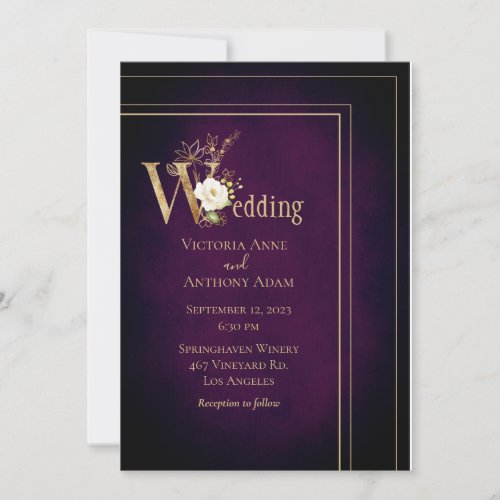 Elegant Black Purple Gold Modern Ombre Wedding Invitation