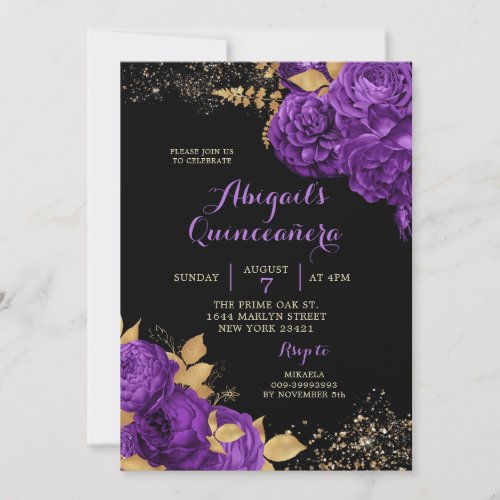 Elegant Black Purple Gold Stiletto Quinceaera Invitation
