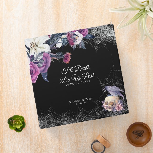 Elegant Black Purple Gothic Floral Skull Wedding 3 Ring Binder (In Situ)