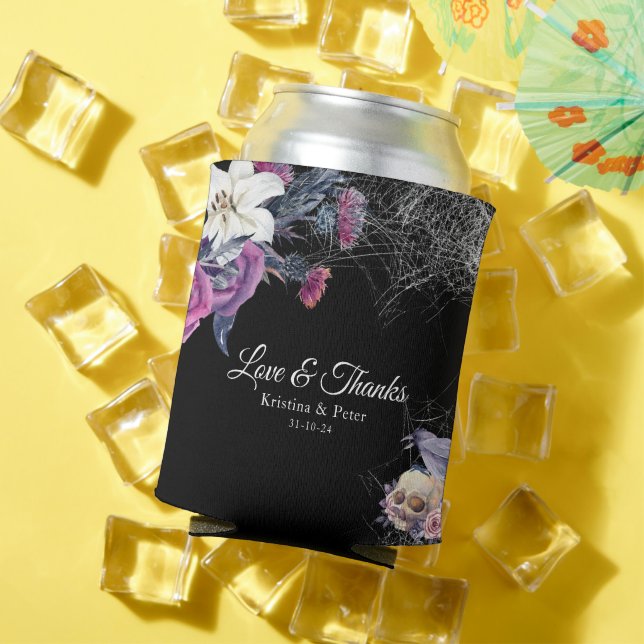 Elegant Black Purple Gothic Floral Skull Wedding Can Cooler (In Situ Summer)