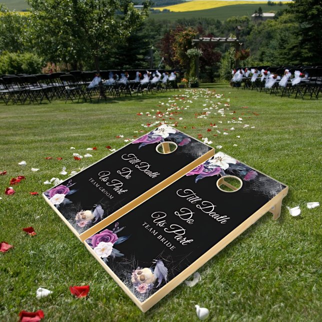 Elegant Black Purple Gothic Floral Skull Wedding Cornhole Set (Creator Uploaded)