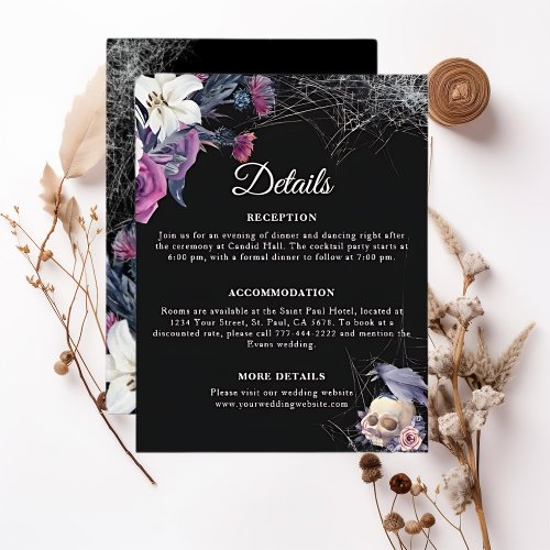 Elegant Black Purple Gothic Floral Skull Wedding Enclosure Card