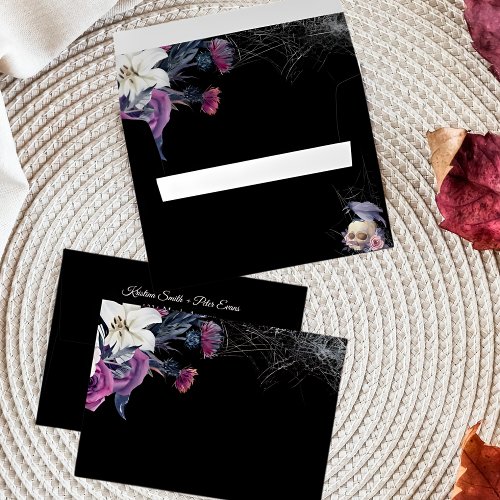 Elegant Black Purple Gothic Floral Skull Wedding Envelope