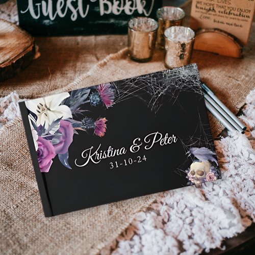 Elegant Black Purple Gothic Floral Skull Wedding Guest Book