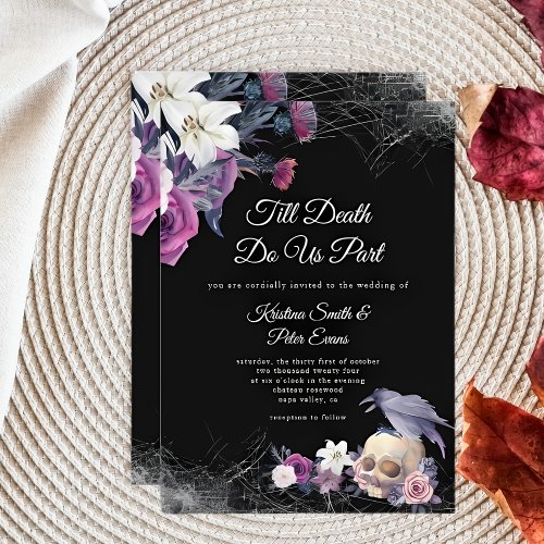Elegant Black Purple Gothic Floral Skull Wedding Invitation