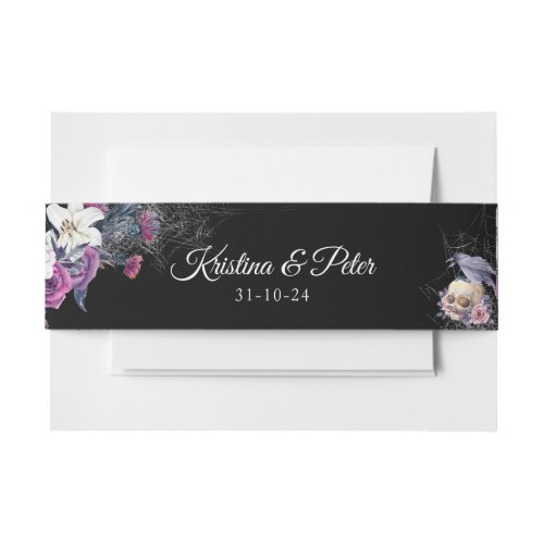 Elegant Black Purple Gothic Floral Skull Wedding Invitation Belly Band