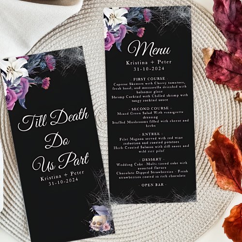 Elegant Black Purple Gothic Floral Skull Wedding Menu