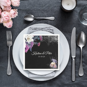 Elegant Black Purple Gothic Floral Skull Wedding Napkins