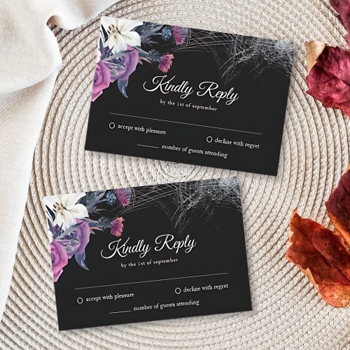 Elegant Black Purple Gothic Floral Skull Wedding RSVP Card