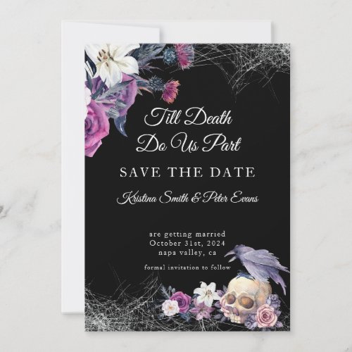 Elegant Black Purple Gothic Floral Skull Wedding Save The Date