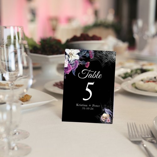 Elegant Black Purple Gothic Floral Skull Wedding Table Number