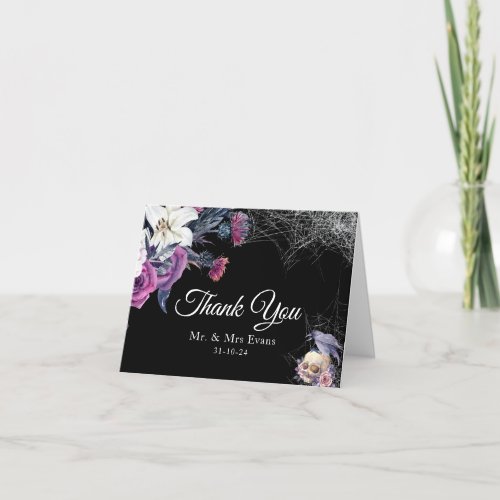 Elegant Black Purple Gothic Floral Skull Wedding Thank You Card