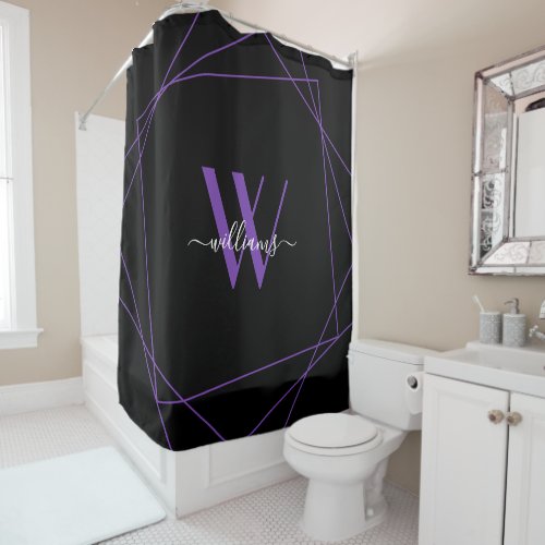 Elegant Black Purple Monogram Geometric Name Shower Curtain