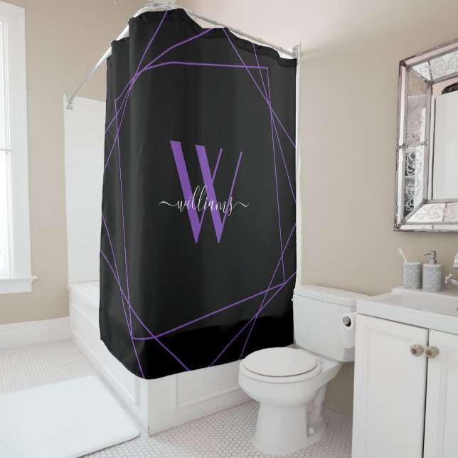 Elegant Black Purple Monogram Geometric Name Shower Curtain (In Situ)
