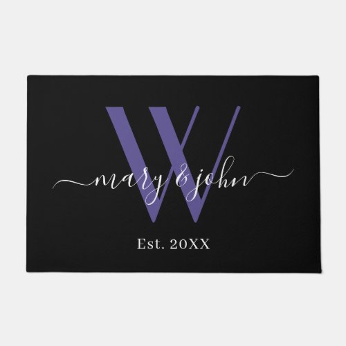 Elegant Black Purple Monogram Names Script Wedding Doormat