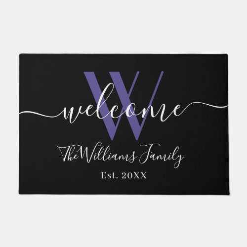 Elegant Black Purple Monogram Script Name Wedding Doormat