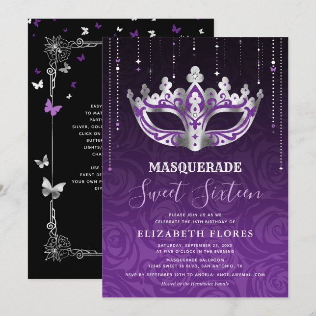 Elegant Black Purple Silver Masquerade Sweet 16 Invitation (Front/Back)