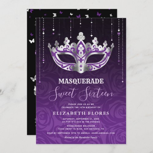 Elegant Black Purple Silver Masquerade Sweet 16 Invitation