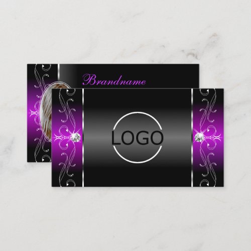 Elegant Black Purple Squiggled Jewels Logo  Photo Business Card