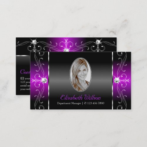 Elegant Black Purple Squiggled Jewels with Photo Business Card