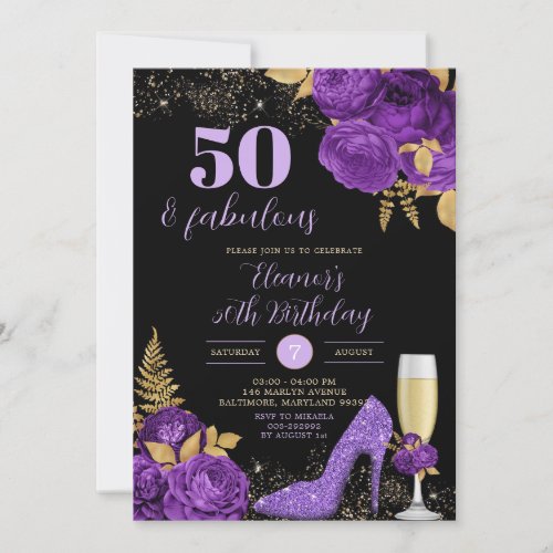 Elegant Black Purple Stiletto Heel Floral Birthday Invitation