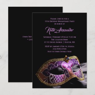 Elegant Black Purple Sweet 16 Masquerade Party Invitation