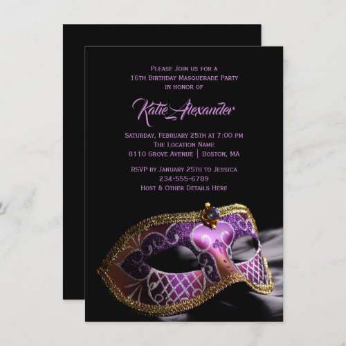 Elegant Black Purple Sweet 16 Masquerade Party Invitation