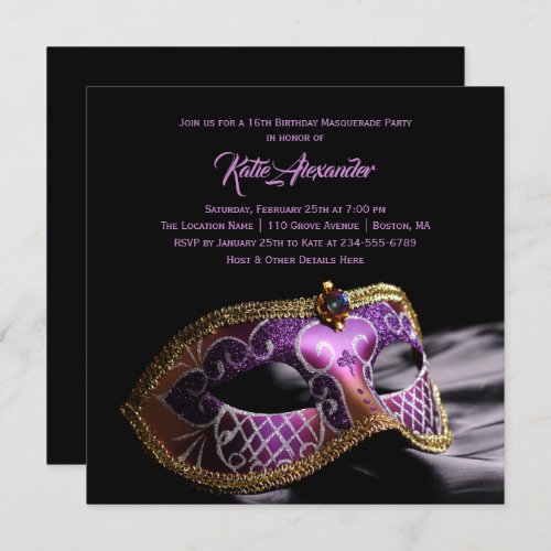 Elegant Black Purple Sweet 16 Masquerade Party Invitation