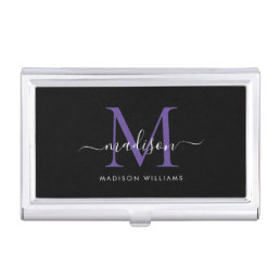 Elegant Black Purple Violet Monogram Script Name Business Card Case