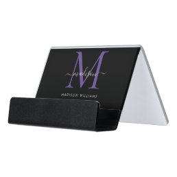 Elegant Black Purple Violet Monogram Script Name Desk Business Card Holder