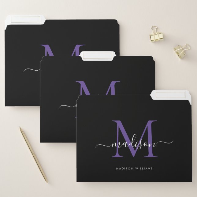 Elegant Black Purple Violet Monogram Script Name File Folder (Set)