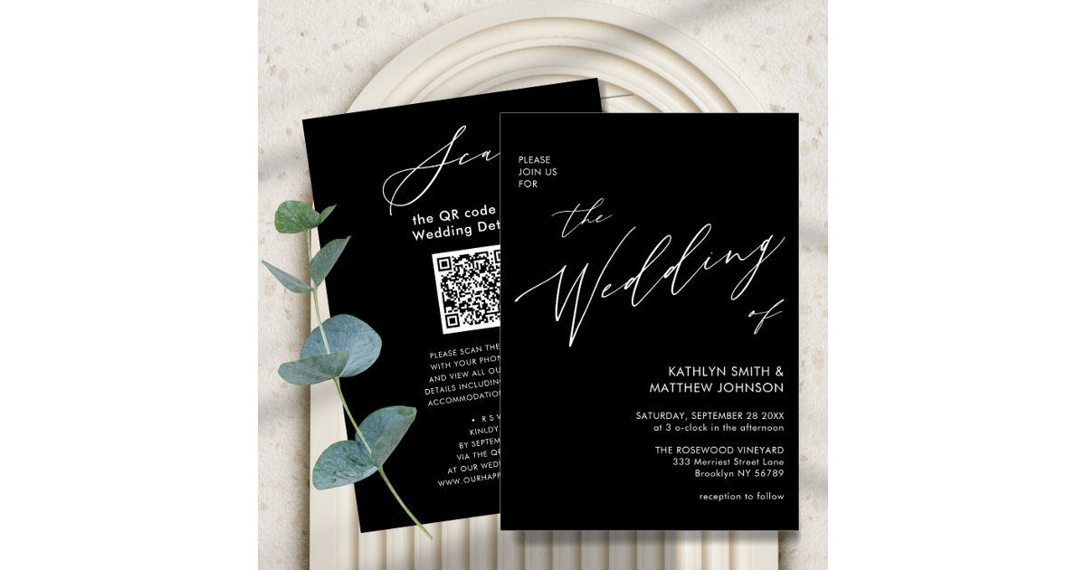 Elegant Black QR Code All In One Modern Wedding Invitation | Zazzle