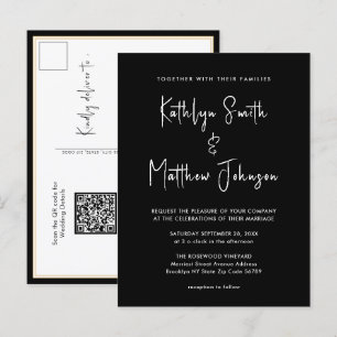 Elegant Black QR Code All In One Modern Wedding Invitation Postcard