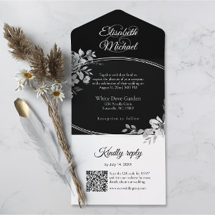 Elegant Black QR Code Floral Monogram Wedding RSVP All In One Invitation