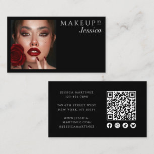 Elegant Black QR Code Social Icons Photo Makeup Business Card