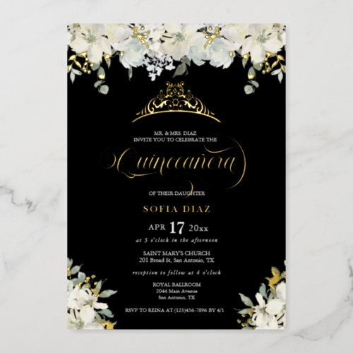 Elegant Black Quinceaera Floral Gold Foil Invitation